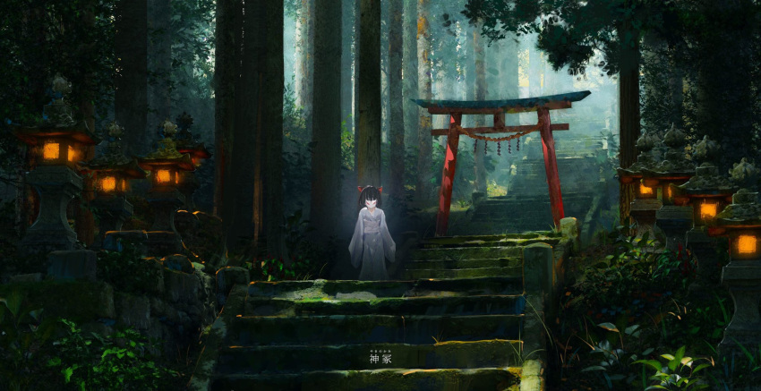 1girl bangs black_hair bow grass hair_bow highres japanese_clothes kimono lantern long_sleeves mask obi original plant red_bow sash scenery short_hair sleeves_past_fingers sleeves_past_wrists solo stairs torii tree tree_shade white_kimono wide_sleeves ya_yan yukata