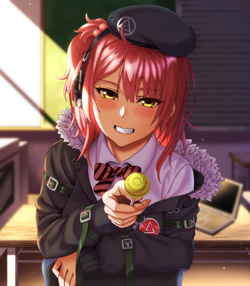 1girl bangs beret black_jacket blush bow bowtie candy eyebrows_visible_through_hair food fur-trimmed_jacket fur_trim girls_frontline hat headphones highres holding holding_candy holding_food holding_lollipop jacket lollipop long_hair looking_at_viewer mp7_(girls'_frontline) nail_polish open_mouth ouga_(user_ctzw2237) parted_lips pink_nails redhead shirt simple_background sitting smile solo table teeth upper_body white_shirt yellow_eyes