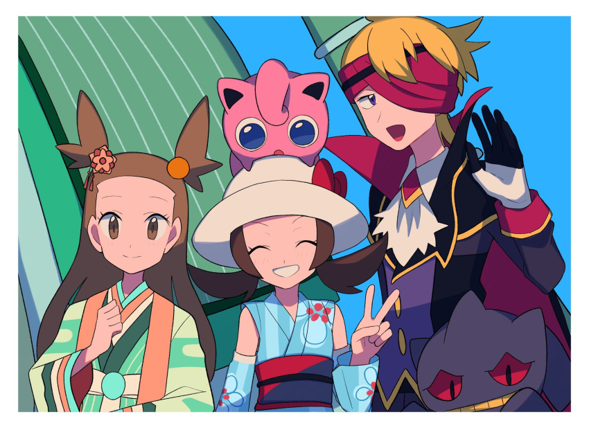 1boy 2girls ascot banette blonde_hair blue_kimono border brown_eyes brown_hair buttons celesteela closed_eyes closed_mouth commentary_request eyelashes gloves green_kimono grin hand_up hat headband highres japanese_clothes jasmine_(pokemon) jigglypuff kimono long_hair long_sleeves lyra_(pokemon) morty_(pokemon) multiple_girls official_alternate_costume on_head pokemon pokemon_(creature) pokemon_(game) pokemon_masters_ex pokemon_on_head sash smile twintails two_side_up tyako_089 ultra_beast v white_ascot white_border white_headwear