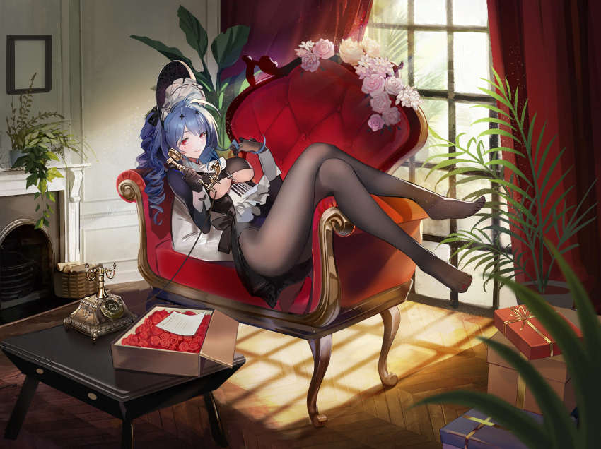 1girl absurdres azur_lane blue_hair bodystocking box breasts chimney closed_mouth commentary_request corded_phone couch curtains day dress feet flower flower_pot full_body gift gift_box gloves hair_ornament highres indoors legs lips long_hair long_sleeves looking_at_viewer marco_polo_(azur_lane) marco_polo_(the_queen_of_hearts)_(azur_lane) medium_breasts pantyhose phone plant red_eyes rotary_phone shadow shaobao_(sdhx3728) simple_background sitting smile solo table tattoo tied_hair under_boob window