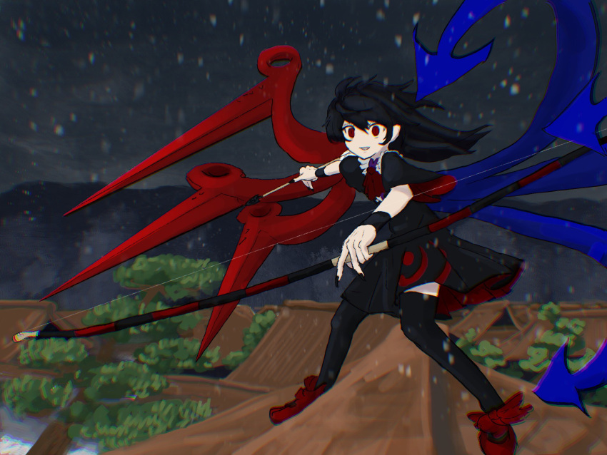 1girl arrow_(projectile) asymmetrical_wings bangs black_dress black_hair black_legwear black_nails blue_wings bow bow_(weapon) bowtie buttons center_frills commentary_request dress fingernails footwear_bow frilled_dress frills full_body grin highres holding holding_arrow holding_bow_(weapon) holding_weapon houjuu_nue long_fingernails mary_janes medium_hair messy_hair red_bow red_bowtie red_eyes red_footwear red_wings ritsuzou shoes short_dress short_sleeves slit_pupils smile snowing solo thigh-highs tomoe_(symbol) touhou weapon wings wristband