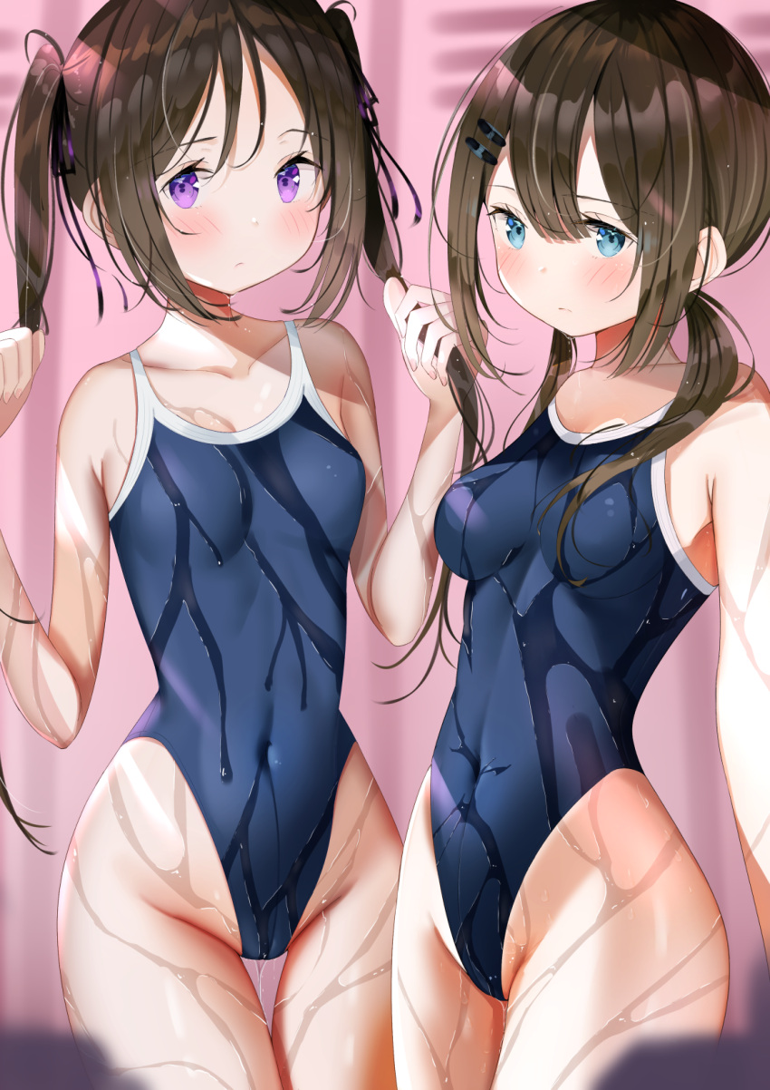 2girls bangs bare_arms black_swimsuit blue_eyes blush breasts brown_hair closed_mouth collarbone commentary_request covered_navel eyebrows_visible_through_hair hair_between_eyes hair_ornament hair_ribbon hairclip highleg highleg_swimsuit highres locker locker_room long_hair multiple_girls one-piece_swimsuit original ribbon sakura_yuu_(hzjy8485) school_swimsuit sidelocks small_breasts standing swimsuit thigh_gap tied_hair twintails violet_eyes wet wet_hair