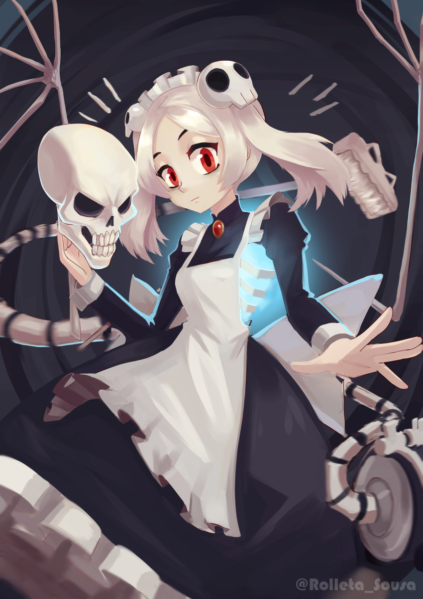 1girl absurdres bloody_marie_(skullgirls) bone dress expressionless facing_viewer frilled_dress frills glowing hair_ornament highres looking_at_viewer maid maid_headdress red_eyes rolleta_sousa skeletal_wings skull skull_hair_ornament skullgirls twintails vacuum_cleaner white_hair wings zombie