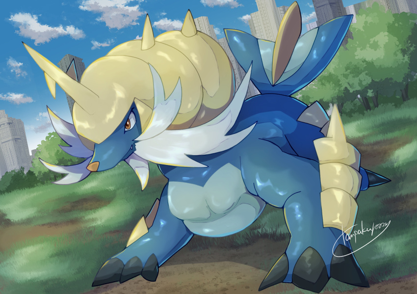 brown_eyes claws closed_mouth clouds commentary_request day fang fang_out grass highres no_humans outdoors pokemon pokemon_(creature) samurott shiny signature sky smile solo standing tanpakuroom tree