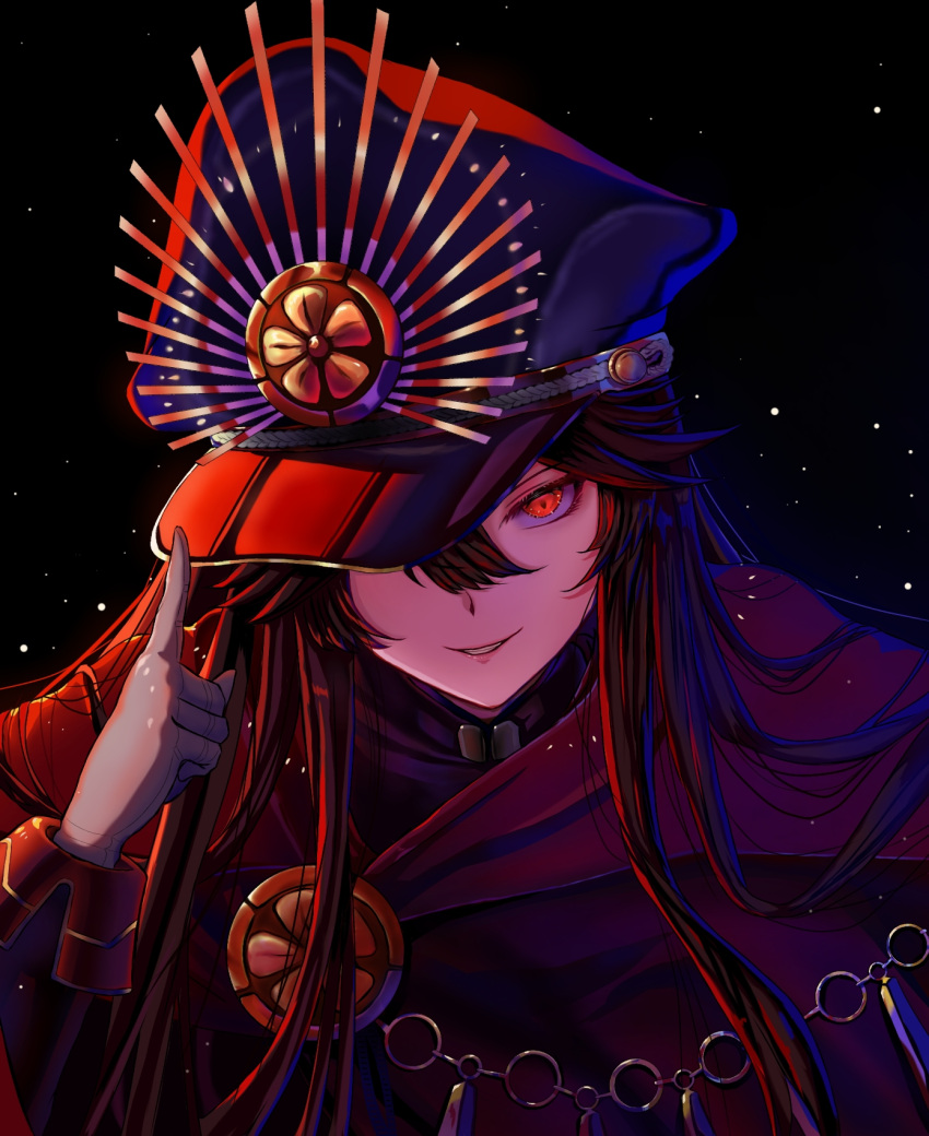 1girl black_background black_hair fate/grand_order fate_(series) gloves hair_between_eyes hand_on_headwear hat highres hikkio long_hair military military_hat military_uniform oda_nobunaga_(fate) oda_nobunaga_(koha-ace) one_eye_covered parted_lips red_eyes smile solo uniform upper_body white_gloves