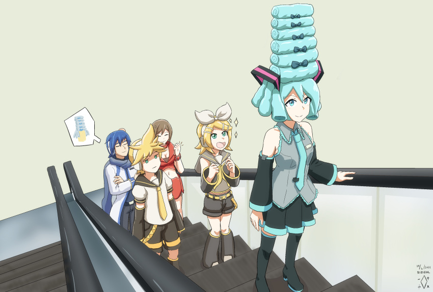 :d alternate_hairstyle aqua_eyes aqua_hair blonde_hair blue_hair brown_hair detached_sleeves digiral escalator excited hatsune_miku head_bump highres indoors kagamine_len kagamine_rin kaito_(vocaloid) meiko necktie parody shaded_face short_sleeves smile sparkle sparkling_eyes spongebob_squarepants vocaloid