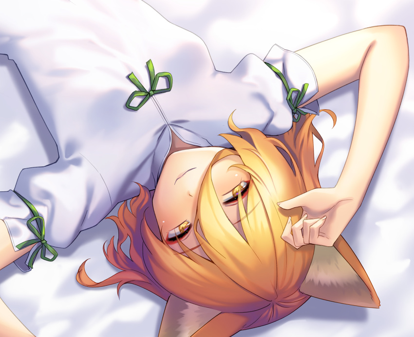 1girl animal_ears arms_up bangs bed blonde_hair blush bow breasts closed_mouth commentary_request eyebrows_visible_through_hair eyes_visible_through_hair fingernails fox_ears green_bow hair_between_eyes hands_up highres kudamaki_tsukasa long_fingernails looking_up lying on_back puffy_short_sleeves puffy_sleeves romper shadow short_hair short_sleeves small_breasts smile solo tarmo touhou white_romper yellow_eyes