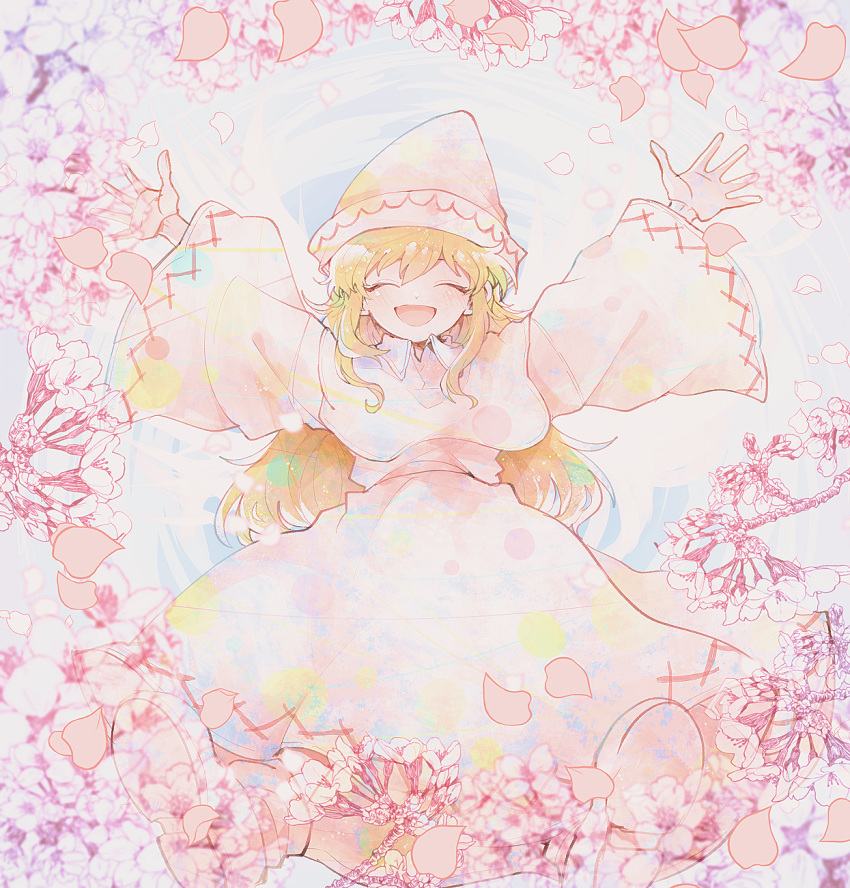 1girl ^_^ ^o^ arms_up bangs blonde_hair blurry blush branch capelet cherry_blossoms closed_eyes collared_capelet depth_of_field dot_nose facing_viewer falling_petals flower foreshortening full_body happy hat highres itomugi-kun jumping light_particles lily_white long_hair long_sleeves muted_color open_hands open_mouth patterned patterned_clothing petals pink_flower pink_theme reflection reflective_water ripples shiny shiny_skin shoe_soles smile solo spring_(season) straight-on touhou water white_capelet white_footwear white_headwear white_wings wide_sleeves wing_collar wings