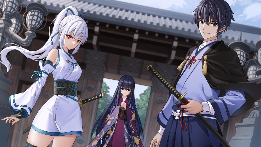 1boy 2girls black_eyes black_hair character_request clothing_cutout clouds day fate/grand_order fate_(series) high_ponytail highres japanese_clothes katana kimono long_hair multiple_girls own_hands_together ponytail red_eyes short_hair shoulder_cutout sion_(9117) sky standing sword thigh-highs tomoe_gozen_(fate) tree weapon white_hair zettai_ryouiki
