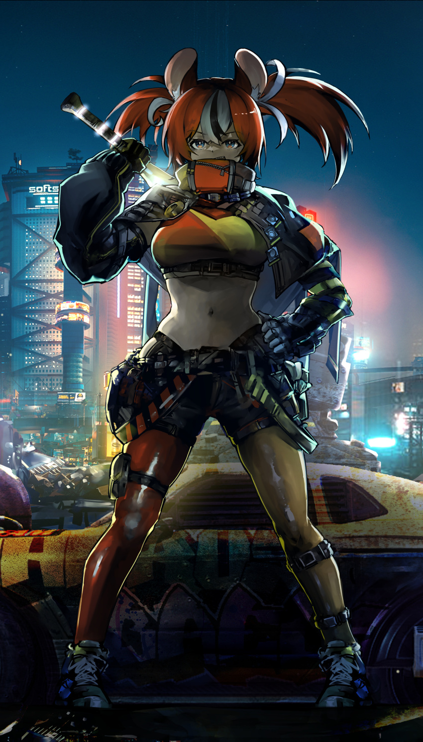 1girl absurdres alternate_costume belt black_jacket car city city_lights crop_top cyberpunk gloves ground_vehicle hakos_baelz hand_on_hip highres hololive hololive_english jacket legwear_under_shorts midriff motor_vehicle mouse_girl multicolored_hair navel night night_sky pantyhose redhead shin_strap shoes shorts sky sneakers solo thigh_strap urban virtual_youtuber vyragami