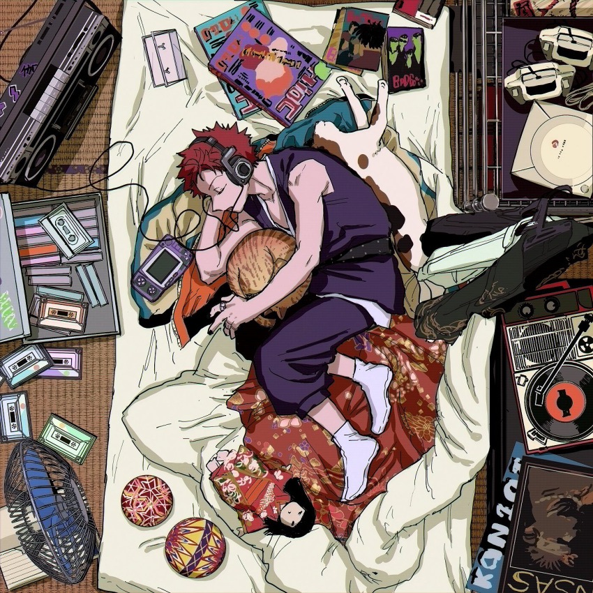 1boy abaraya ball bare_shoulders cassette_tape cat closed_eyes commentary_request doll electric_fan from_above futon harai_kuuko headset highres hypnosis_mic male_focus phonograph pillow record redhead short_hair socks stereo