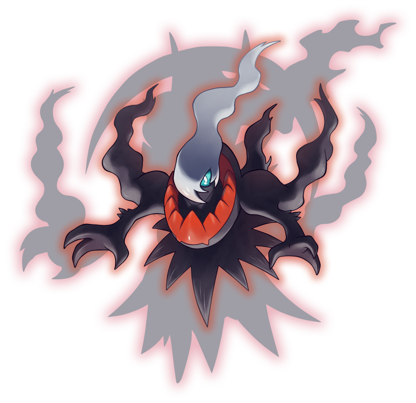 absurdres bangs blue_sclera colored_sclera commentary darkrai english_commentary floating full_body hair_over_one_eye highres hyshirey long_hair looking_at_viewer no_humans official_style one_eye_covered outline pokemon pokemon_(creature) red_outline silhouette swept_bangs transparent_background underlighting white_eyes white_hair