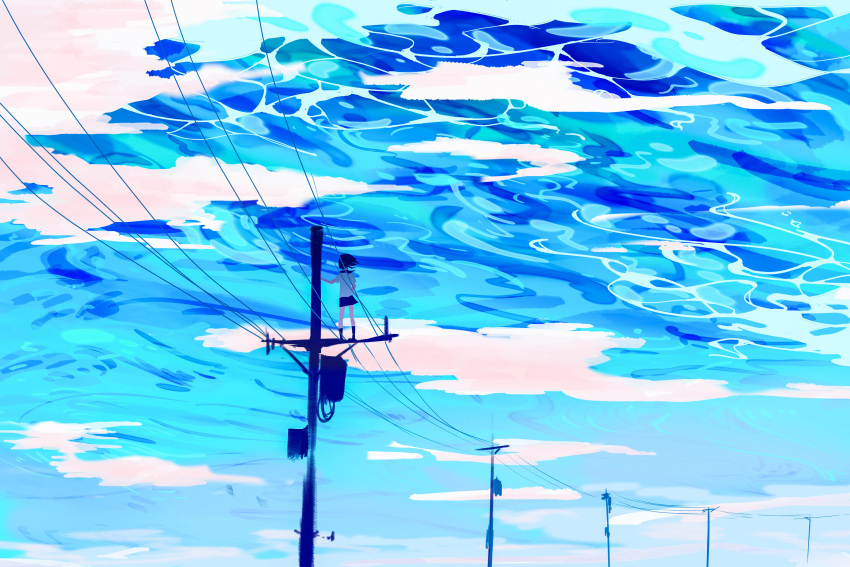 1girl abstract abstract_background absurdres arm_support blue_sailor_collar blue_skirt blue_sky cable chinese_commentary clothes_lift clouds hair_lift highres miniskirt ocean original sailor_collar scenery school_uniform serafuku shirt short_hair short_sleeves skirt skirt_lift sky socks solo standing underwater utility_pole white_shirt wind wind_lift ya_yan