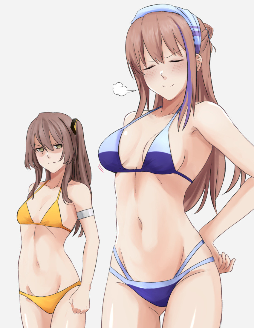 2girls alternate_costume bangs bare_shoulders bikini blue_bikini blue_swimsuit blush breast_envy breasts brown_hair closed_eyes closed_mouth collarbone cyka eyebrows_visible_through_hair feet_out_of_frame girls_frontline hairband hand_on_hip highres light_brown_eyes long_hair looking_at_another multicolored_hair multiple_girls navel pink_hair scar scar_across_eye shading_eyes side_ponytail small_breasts smile st_ar-15_(girls'_frontline) standing swimsuit ump45_(girls'_frontline) unhappy white_background yellow_bikini yellow_swimsuit