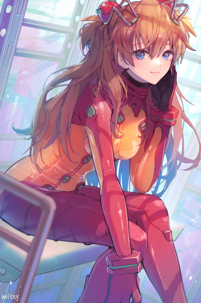 1girl absurdres blue_eyes bodysuit bracer breasts evangelion:_2.0_you_can_(not)_advance hairpods highres interface_headset long_hair medium_breasts misty_cj multicolored_bodysuit multicolored_clothes neon_genesis_evangelion orange_bodysuit orange_hair pilot_suit plugsuit rebuild_of_evangelion red_bodysuit sitting smile solo souryuu_asuka_langley test_plugsuit
