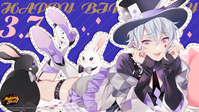 1boy animal boots bow bowtie card copyright copyright_name diamond_(shape) facial_hair hair_between_eyes happy_birthday hat high_heel_boots high_heels highres jewelry logo looking_at_viewer lying mahjong_soul male_focus necktie official_art on_stomach osanai_mei_(artist) playing_card purple_nails rabbit ring ryan_(mahjong_soul) silver_hair tongue tongue_out top_hat violet_eyes white_footwear yostar