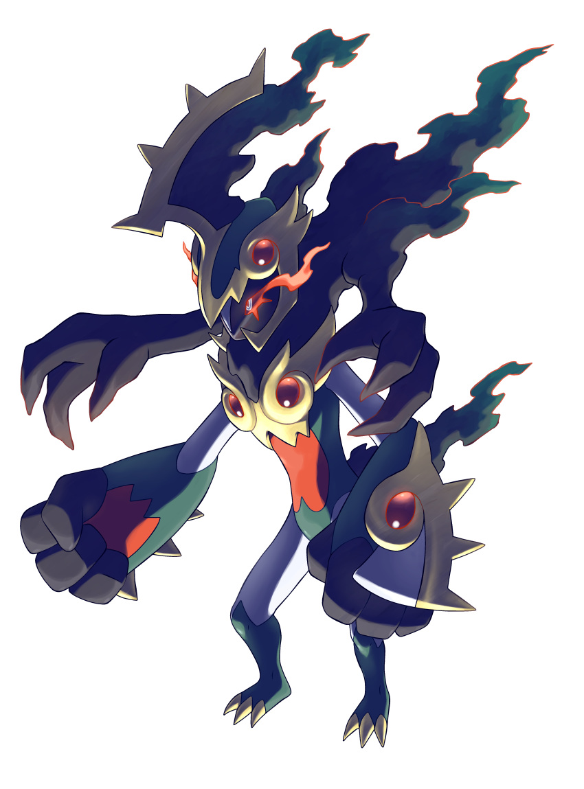 absurdres claws clenched_hands colored_sclera commentary english_commentary extra_arms fakemon full_body gem grey_eyes highres hyshirey marshadow official_style pokemon pokemon_(creature) red_sclera smoke solo standing transparent_background underlighting