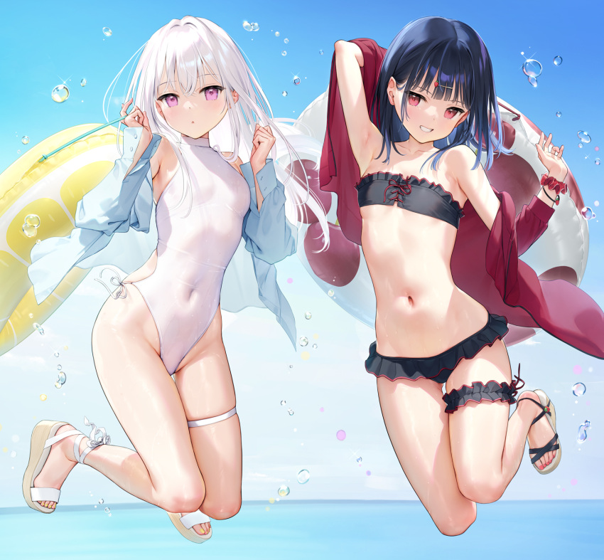 2girls :d ankle_ribbon ass_visible_through_thighs bangs bare_shoulders bikini black_bikini blue_hair blue_jacket blue_sky blush breasts casual_one-piece_swimsuit collarbone covered_navel day eyebrows_visible_through_hair frilled_bikini frills full_body groin hair_ornament hairclip highres holding horizon innertube jacket jumping leg_garter long_hair long_sleeves looking_at_viewer mignon multiple_girls nail_polish navel ocean off_shoulder one-piece_swimsuit open_clothes open_jacket open_shirt original outdoors parted_lips pink_nails red_eyes red_jacket ribbon sandals scrunchie silver_hair skindentation sky small_breasts smile sparkle stomach strapless strapless_bikini swimsuit thigh_gap thigh_strap toenail_polish toenails triangle_mouth violet_eyes water water_drop white_ribbon white_swimsuit wrist_scrunchie yellow_nails