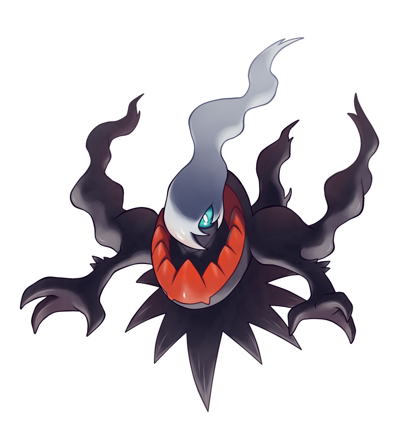 absurdres bangs blue_sclera colored_sclera commentary darkrai english_commentary floating full_body hair_over_one_eye highres hyshirey long_hair looking_at_viewer no_humans official_style one_eye_covered pokemon pokemon_(creature) swept_bangs transparent_background underlighting white_eyes white_hair