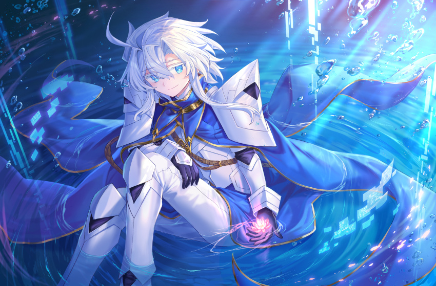 1other ahoge armor black_gloves blue_cape blue_eyes bright_pupils cape closed_mouth feet_out_of_frame flower gloves highres holding holding_flower knee_pads knight_(shichigatsu) looking_at_viewer on_liquid original panties pauldrons shichigatsu shoulder_armor sitting sitting_on_liquid smile solo underwear white_hair white_panties white_pupils