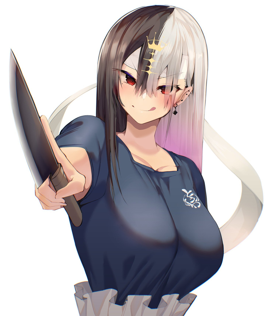 1girl black_hair blue_shirt breasts closed_mouth collarbone drop_earrings ear_piercing earrings gradient_hair grey_hair hair_between_eyes highres holding holding_knife jewelry kitchen_knife knife large_breasts long_bangs long_hair looking_at_viewer mole mole_under_eye multicolored_hair original piercing pink_hair pointing red_eyes satou_daiji shirt smile solo tongue tongue_out towa_(towa_akqj10) upper_body virtual_youtuber white_background