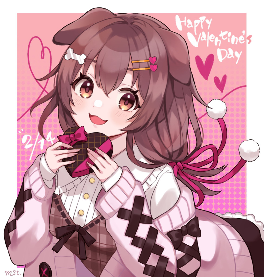 1girl :3 box brown_dress brown_eyes brown_hair cardigan dress hair_ornament hair_ribbon hairclip heart-shaped_box hida6_sork highres hololive inugami_korone long_hair looking_at_viewer official_alternate_costume open_mouth pink_cardigan plaid ribbon shirt simple_background sleeves_past_wrists valentine virtual_youtuber white_shirt