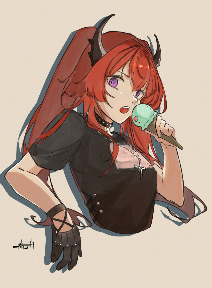 arknights bangs black_choker black_gloves black_shirt choker cropped_torso cross cross_necklace eyebrows_visible_through_hair food gloves harukan_tiusu highres holding holding_food horns ice_cream ice_cream_cone jewelry long_hair looking_at_viewer necklace official_alternate_costume open_mouth redhead shirt short_sleeves simple_background single_glove surtr_(arknights) surtr_(liberte_echec)_(arknights) twintails violet_eyes yellow_background