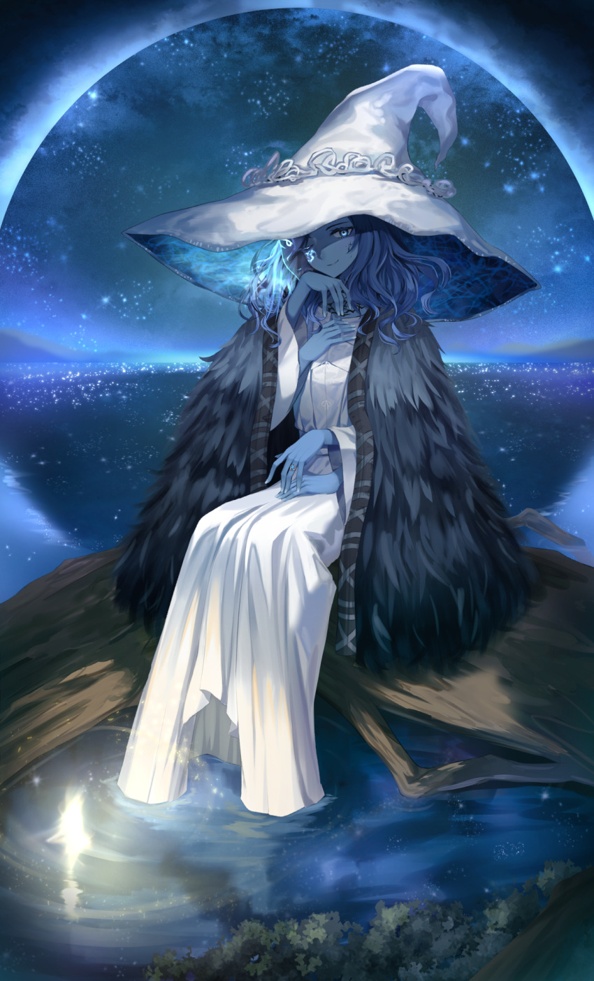 1girl blue_eyes blue_hair blue_skin colored_skin dress elden_ring extra_arms fur_cloak hat highres looking_at_viewer ranni_the_witch short_hair shuvi_(shuvi1125) sitting solo white_dress white_headwear witch witch_hat