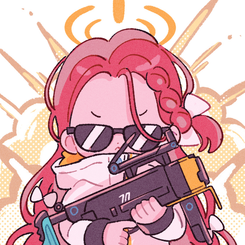 1girl :&lt; blue_archive braid chibi closed_mouth explosion forehead grenade_launcher gun h&amp;k_ag36 hair_ribbon halo heckler_&amp;_koch highres holding holding_gun holding_weapon jacket koru_koruno long_hair long_sleeves polka_dot power_symbol redhead ribbon serious sleeves_past_wrists solo sunglasses upper_body v-shaped_eyebrows weapon white_background white_jacket yuzu_(blue_archive)