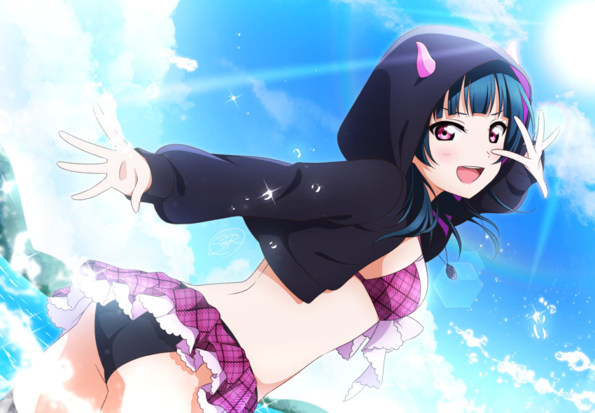 1girl :d ass back beach bikini bikini_skirt black_bikini blue_hair blue_sky blush bow breasts clouds cropped_hoodie day floating_hair frills from_side hand_up highres hood hoodie jewelry lens_flare long_hair looking_at_viewer love_live! love_live!_sunshine!! mismatched_bikini open_hands open_mouth pendant pink_bow purple_bikini shiratama_(siratama_ll) sky small_breasts smile solo sparkle sunlight swimsuit symbol-only_commentary teeth tsushima_yoshiko upper_teeth violet_eyes water water_drop