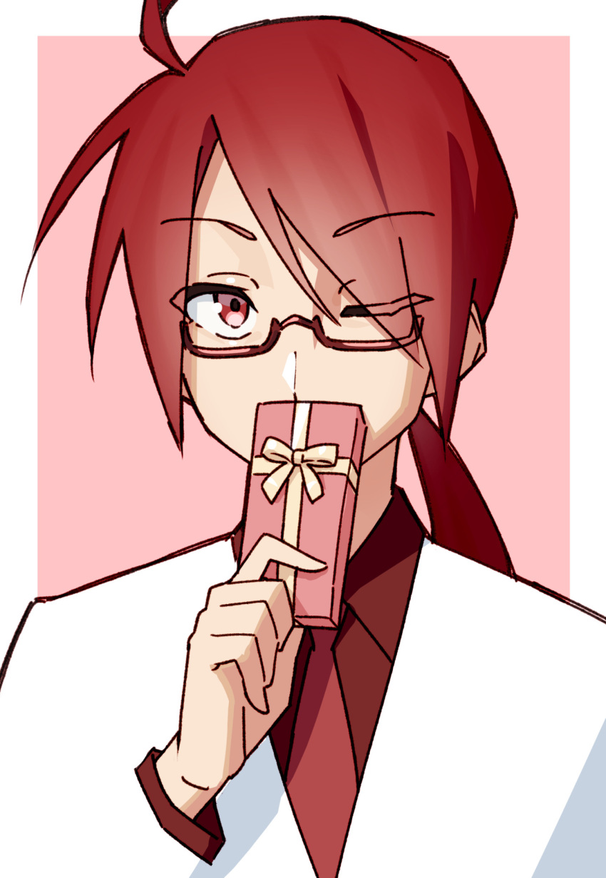 1boy ahoge border box commentary covering_mouth formal gift glasses highres holding holding_box holding_gift kasane_ted long_hair male_focus necktie one_eye_closed ponytail red-framed_eyewear red_background red_eyes red_necktie red_shirt redhead semi-rimless_eyewear shirt solo suit upper_body utau white_border white_day white_suit yasutange