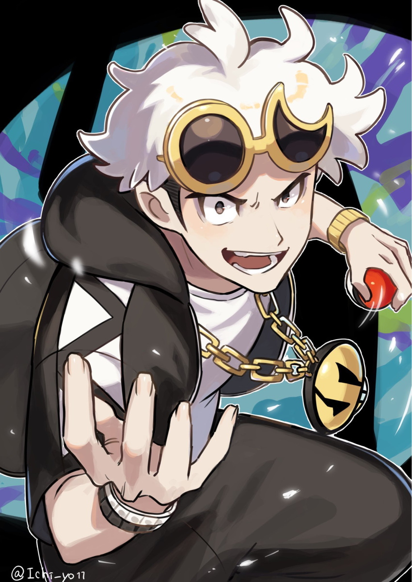 1boy :d black_hair black_jacket black_pants bracelet commentary_request eyewear_on_head guzma_(pokemon) highres holding holding_poke_ball hood hooded_jacket jacket jewelry kienai_11 male_focus multicolored_hair open_mouth pants poke_ball poke_ball_(basic) pokemon pokemon_(game) pokemon_sm shirt short_sleeves smile solo sunglasses team_skull teeth tongue twitter_username two-tone_hair undercut white_hair white_shirt yellow-framed_eyewear