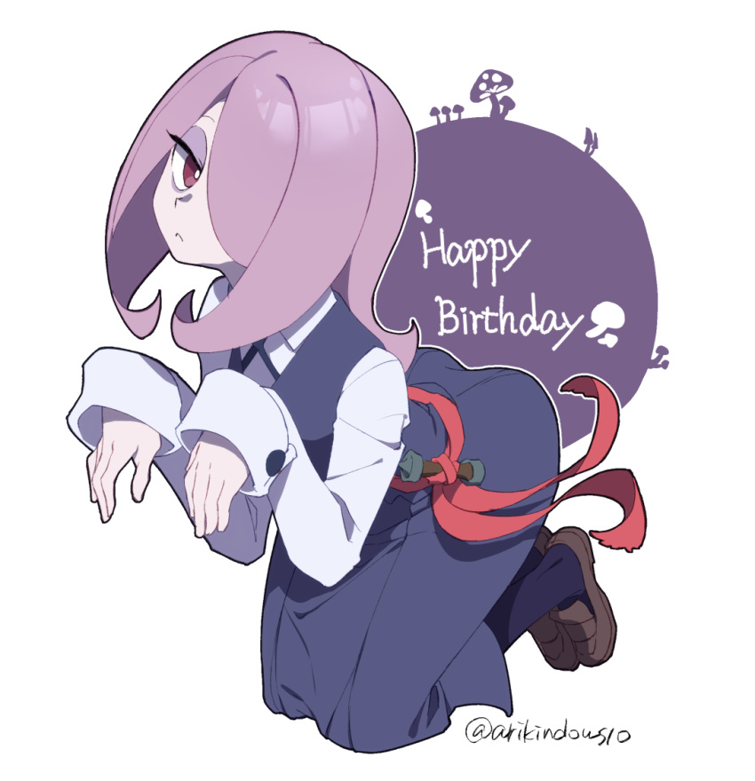 1girl arikindows10 artist_name ass blush closed_mouth hair_over_one_eye happy_birthday hat little_witch_academia long_hair looking_at_viewer luna_nova_school_uniform outstretched_arms purple_hair school_uniform shiny shiny_hair simple_background solo sucy_manbavaran violet_eyes witch witch_hat zombie_pose