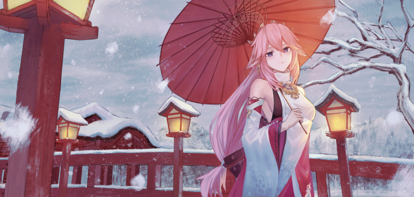 1girl absurdres animal_ears architecture bare_tree detached_sleeves earrings east_asian_architecture fox_ears genshin_impact hair_between_eyes hair_ornament highres holding holding_umbrella japanese_clothes jewelry koseikogani lamppost light_smile long_hair looking_at_viewer low-tied_long_hair miko oil-paper_umbrella pink_hair shirt sky sleeveless sleeveless_shirt snow snowing solo tree umbrella violet_eyes vision_(genshin_impact) white_shirt wide_sleeves wooden_bridge yae_miko
