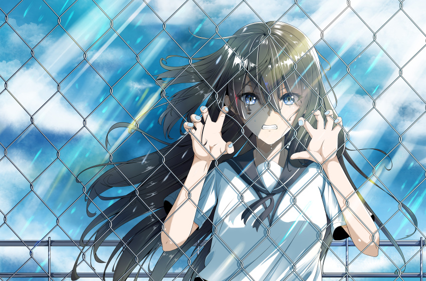 1girl absurdres angry black_ribbon black_sailor_collar blue_eyes blue_nails breasts brown_hair chain-link_fence chinese_commentary clenched_hands clenched_teeth clouds cloudy_sky commentary day eyebrows_visible_through_hair fence floating_hair glaring hair_between_eyes hair_over_eyes highres holding lens_flare light_particles light_rays long_hair looking_at_viewer medium_breasts nail_polish original ribbon sailor_collar school_uniform short_sleeves sky solo squeezing sunlight tears teeth upper_body wind wind_lift zrkk5825
