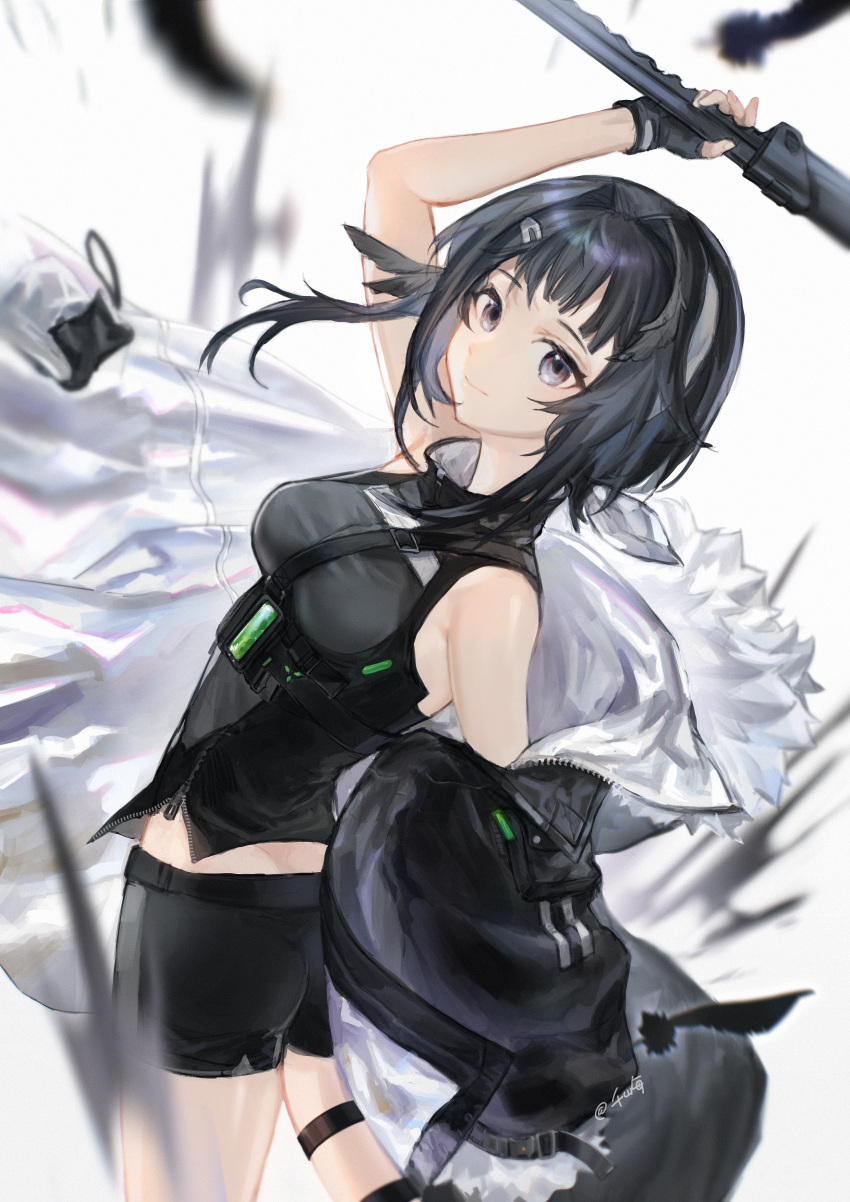 1girl absurdres arknights arm_up ass bare_shoulders black_gloves black_shirt black_shorts breasts commentary fingerless_gloves gloves highres holding la_pluma_(arknights) mayf42 medium_breasts midriff_peek off_shoulder shirt short_shorts shorts sleeveless sleeveless_shirt solo