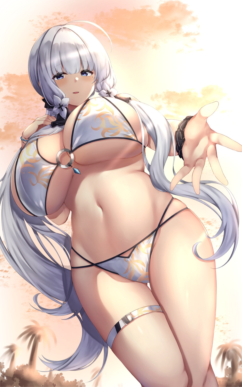 1girl absurdres alternate_costume arashiki_mamizu azur_lane bangs bikini black_scrunchie breasts curvy eyebrows_visible_through_hair from_above from_below hair_ribbon hand_on_own_chest highres huge_breasts illustrious_(azur_lane) long_hair mole mole_under_eye multi-strapped_bikini navel o-ring o-ring_top open_mouth outdoors outstretched_hand palm_tree revision ribbon scrunchie sunset swimsuit thigh_strap tree tress_ribbon tri_tails under_boob very_long_hair white_bikini white_hair wrist_scrunchie
