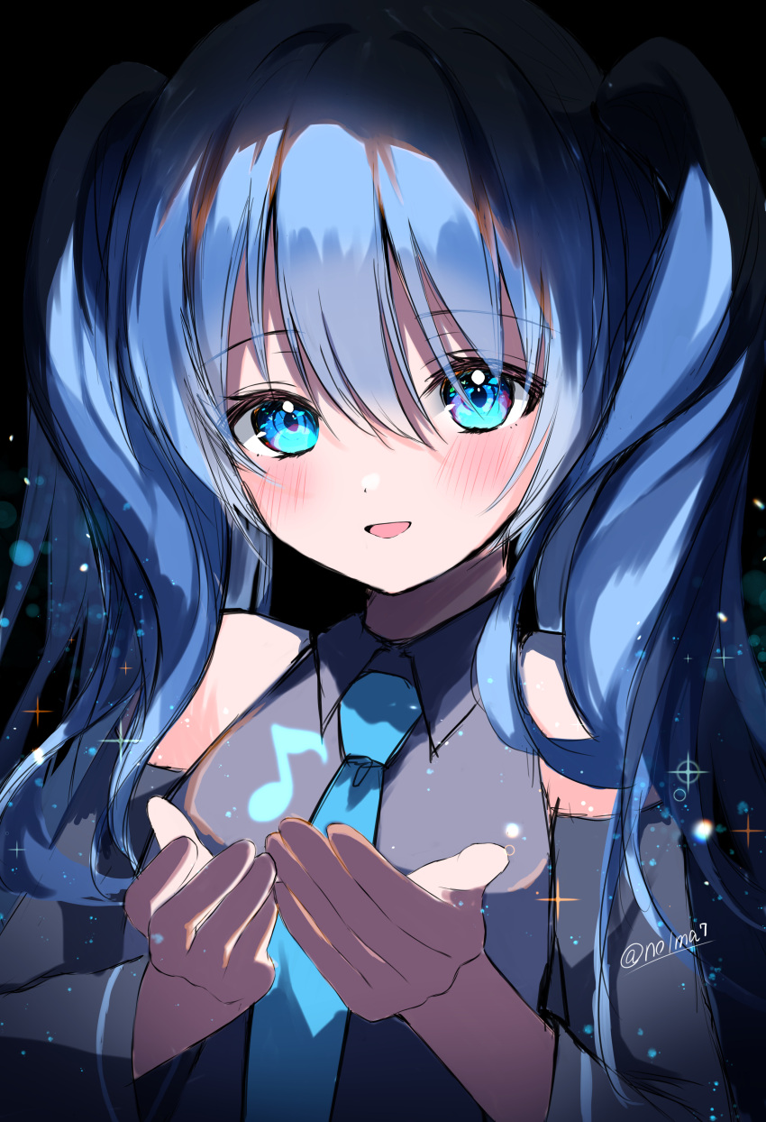 1girl :d absurdres bangs blue_eyes blue_hair blue_necktie blush collared_shirt detached_sleeves eyebrows_visible_through_hair floating_hair grey_shirt grey_sleeves hair_between_eyes hatsune_miku highres long_hair long_sleeves musical_note necktie nolma7 shirt sketch sleeveless sleeveless_shirt smile solo twintails twitter_username upper_body vocaloid wing_collar