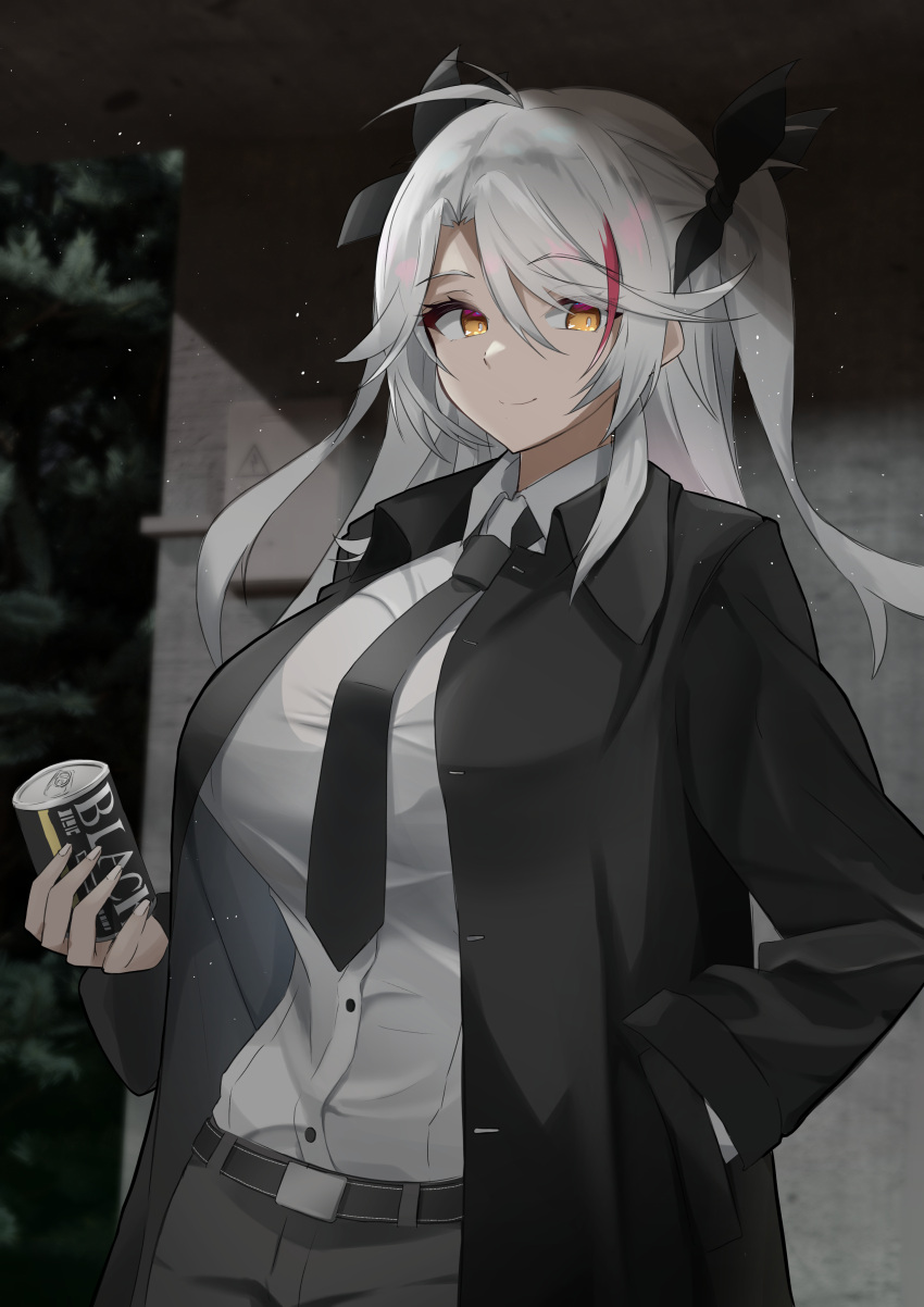 1girl absurdres alternate_costume azur_lane bangs belt black_jacket black_necktie black_pants blazer bow breasts closed_mouth coffee eyebrows_visible_through_hair fingernails hair_bow hand_in_pocket highres holding holding_jar j_yak47 jacket jar large_breasts long_hair looking_at_viewer multicolored_hair necktie open_clothes open_jacket pants prinz_eugen_(azur_lane) scenery shirt silver_hair smile solo standing twintails white_shirt yellow_eyes