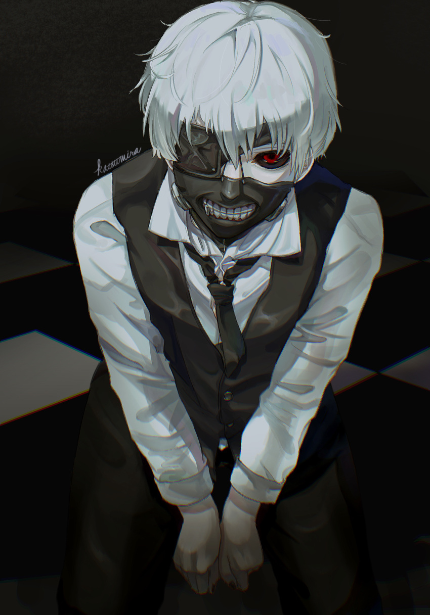 1boy bangs black_necktie black_pants black_sclera black_vest checkered_floor collared_shirt colored_sclera gradient gradient_background grey_hair highres kaneki_ken katsumira long_sleeves looking_at_viewer male_focus mask mouth_mask necktie pants red_eyes shirt short_hair tokyo_ghoul vest white_shirt