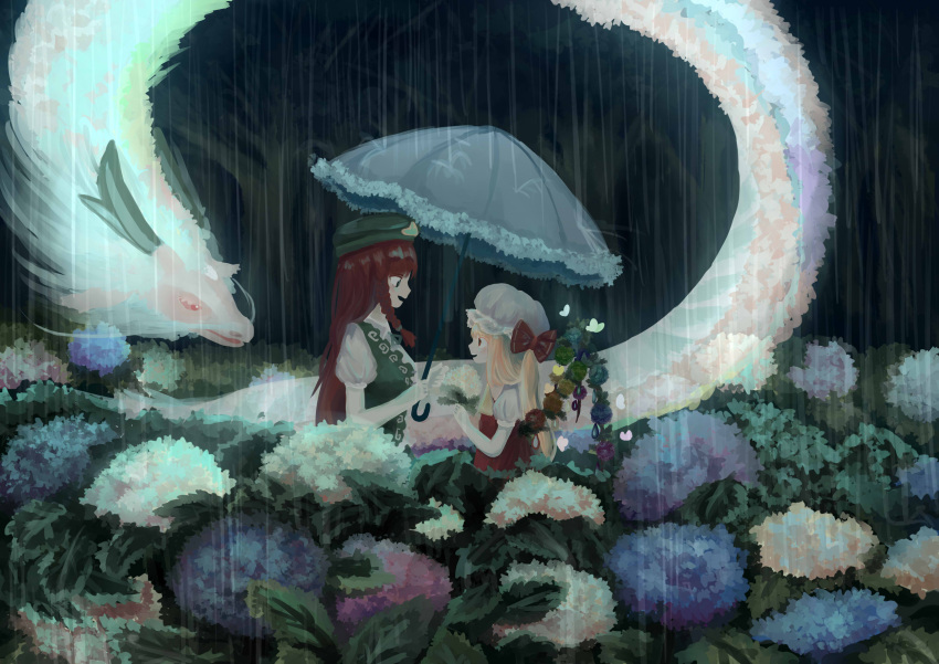 2girls :d absurdres ascot bangs beret blonde_hair blue_flower blunt_bangs blush bow braid bug butterfly commentary crystal dragon eastern_dragon field flandre_scarlet flower flower_field green_eyes green_headwear green_shirt hair_bow hands_up hat highres holding holding_flower holding_umbrella hong_meiling hydrangea leaf lindiex long_hair looking_at_another mob_cap multiple_girls open_mouth orange_flower outdoors pink_flower puffy_short_sleeves puffy_sleeves purple_flower rain red_bow red_eyes red_flower red_vest redhead shirt short_sleeves side_ponytail smile touhou tree umbrella upper_body vest white_flower white_headwear wings yellow_ascot yellow_flower