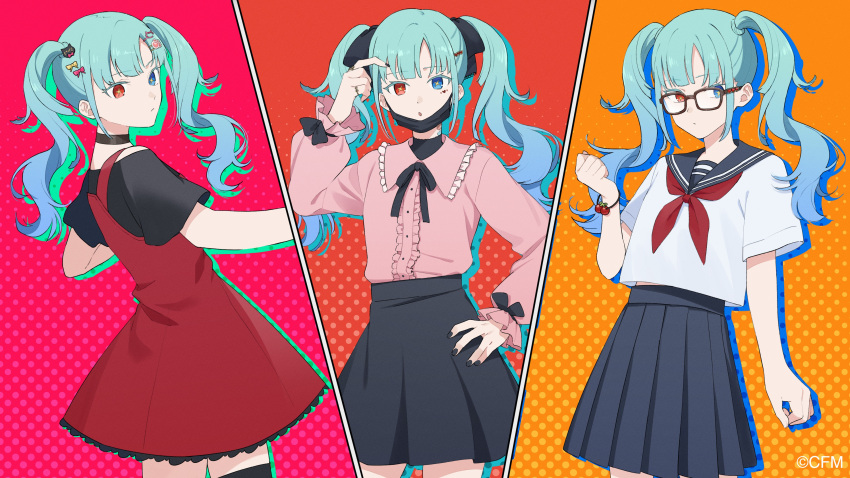 3girls :o absurdres alternate_eye_color aqua_hair black_nails black_ribbon black_skirt blue_collar blue_eyes blue_skirt bow bowtie bracelet cat_hair_ornament center_frills cinderella_(vocaloid) collar collared_shirt cowboy_shot creator_connection dilemma_(vocaloid) dress expressionless facial_mark finger_to_head frilled_collar frills from_side glasses hair_ornament hair_ribbon hairclip hand_on_hip hatsune_miku heart heart_hair_ornament heterochromia highres jewelry lineup long_hair mask miniskirt mouth_mask multiple_girls multiple_persona neckerchief orange_background pink_background pink_shirt pleated_skirt red_background red_dress red_eyes red_neckerchief ribbon rozu_ki sailor_collar school_uniform serafuku shirt short_sleeves skirt thigh-highs twintails vampire_(vocaloid) vocaloid white_shirt