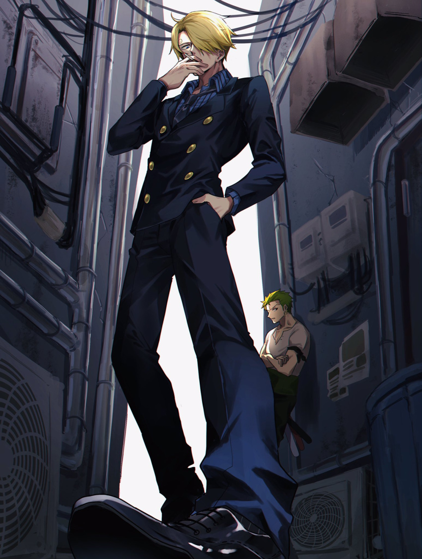 2boys black_pants facial_hair foreshortening from_below goatee hair_over_one_eye hand_in_pocket highres leaning_back looking_at_viewer male_focus multiple_boys one_piece pants perspective roronoa_zoro sanji shoes short_hair smoking sorase_(srsrs_000) toned toned_male