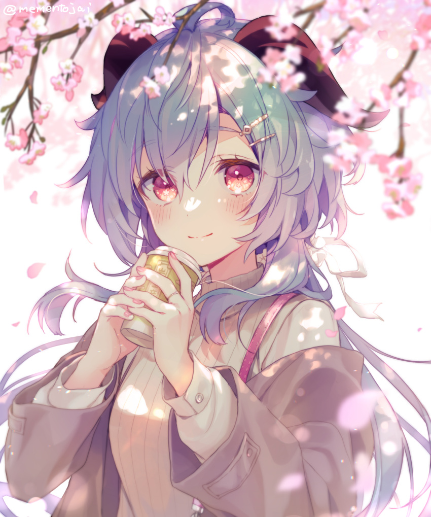 1girl ahoge alternate_costume bangs blue_hair blush casual cherry_blossoms cherry_tree cup falling_petals ganyu_(genshin_impact) genshin_impact goat_horns hair_between_eyes hair_ornament hairclip highres holding holding_cup horns jacket jewelry long_hair looking_at_viewer memeno off_shoulder petals pink_nails ring simple_background smile solo sweater violet_eyes