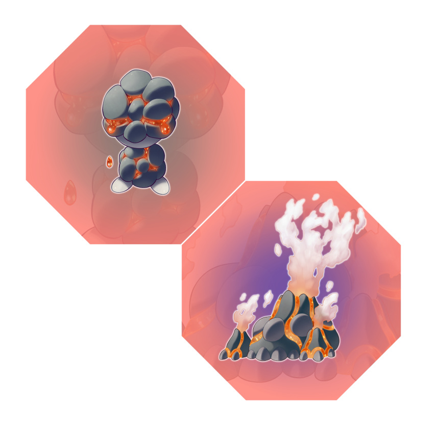 crying evolutionary_line fakemon full_body highres hyshirey molten_rock no_humans official_style original outline pokemon red_background red_eyes rock smoke tears transparent_border white_outline zoom_layer