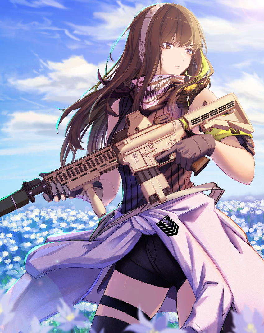 1girl 3_small_spiders absurdres assault_rifle bangs black_gloves black_scarf black_shorts blue_sky breasts brown_eyes brown_hair brown_sweater_vest closed_mouth clothes_around_waist commentary eyebrows_visible_through_hair feet_out_of_frame field flower flower_field girls_frontline gloves grifon_&amp;_kryuger gun headphones headset highres holding holding_gun holding_weapon jacket jacket_around_waist long_hair looking_away m4_carbine m4a1_(girls'_frontline) multicolored_hair rifle scarf shorts sky solo standing sweater_vest walkie-talkie weapon white_jacket