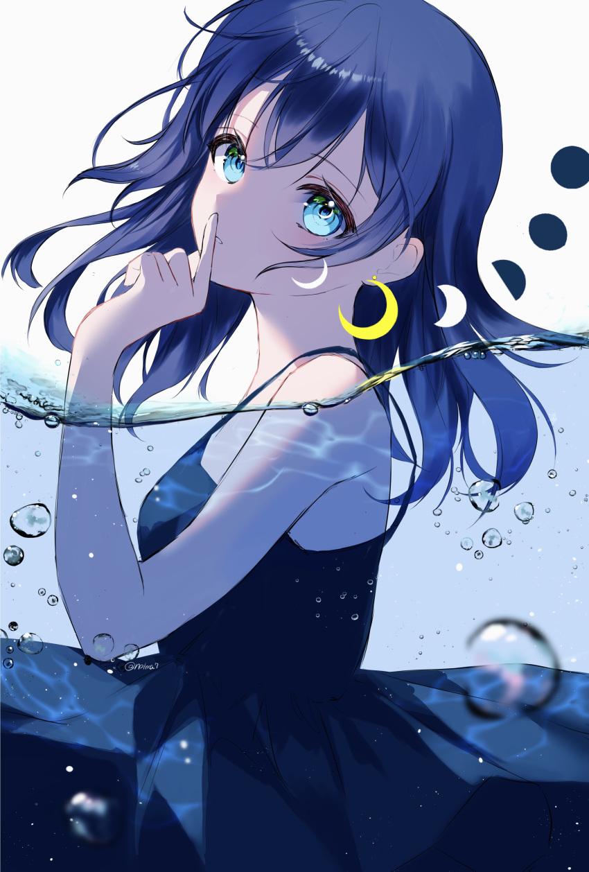 1girl absurdres bangs bare_arms blue_dress blue_eyes blue_hair crescent crescent_earrings dress earrings eyebrows_visible_through_hair finger_to_mouth floating_hair hair_between_eyes highres index_finger_raised jewelry long_hair nolma7 original parted_lips partially_submerged shiny shiny_hair shushing sleeveless sleeveless_dress solo spaghetti_strap straight_hair strap_gap