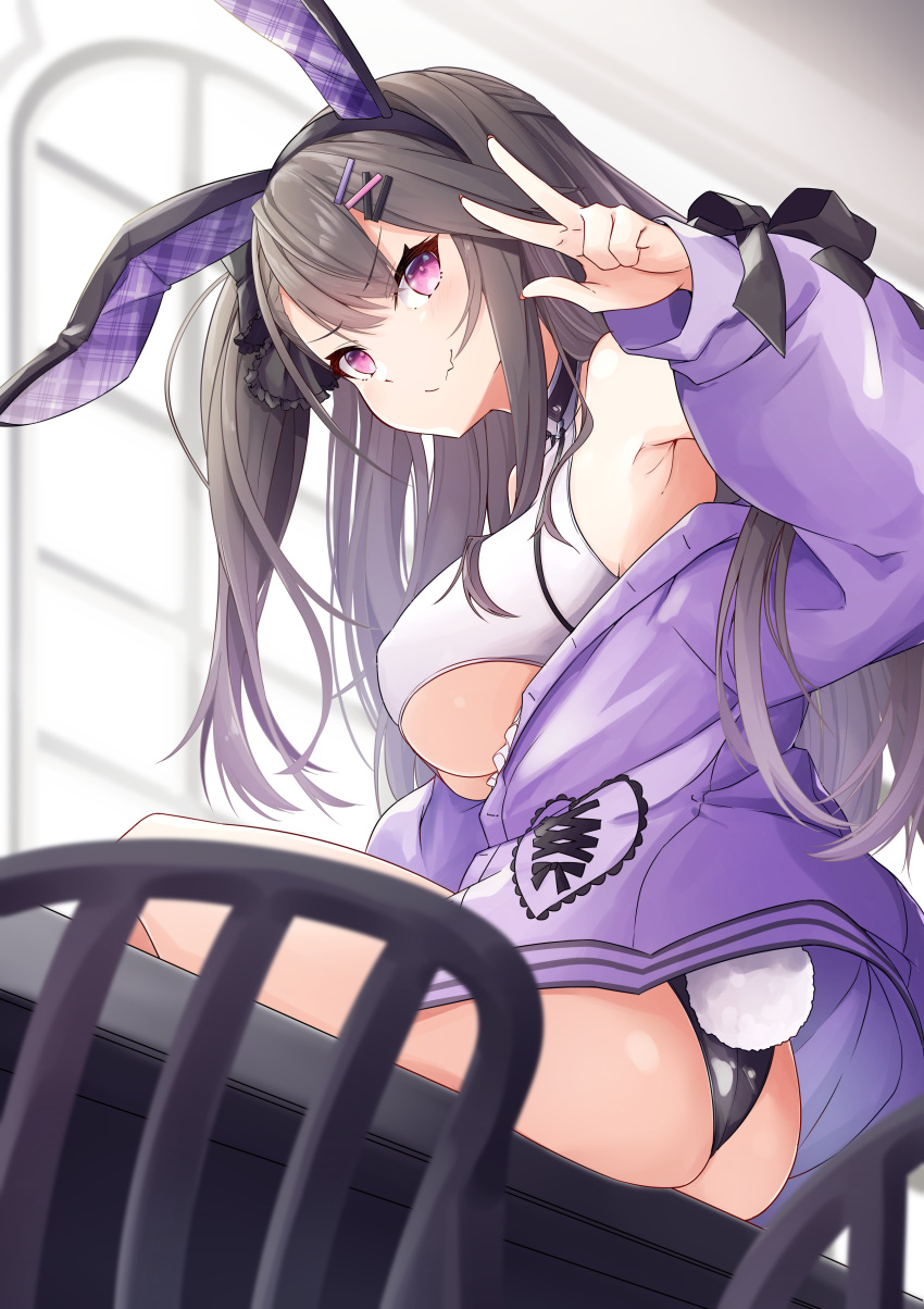 1girl absurdres animal_ears armpits ass azur_lane bare_shoulders black_hairband blush breasts brown_hair chair closed_mouth eyebrows_visible_through_hair fake_animal_ears fake_tail fang fang_out from_behind hair_ornament hairband hairclip highres indoors jacket large_breasts leer.meer leotard leotard_under_clothes long_hair long_sleeves looking_at_viewer looking_back off_shoulder on_table one_side_up open_clothes open_jacket pamiat_merkuria_(azur_lane) purple_jacket rabbit_ears rabbit_tail sitting skin_fang smile smug solo table tail under_boob v v-shaped_eyebrows very_long_hair violet_eyes window