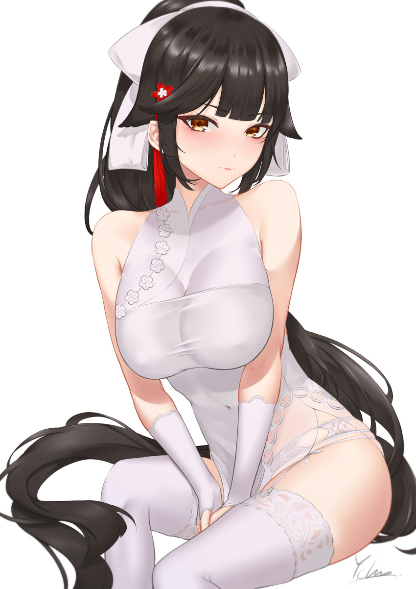 1girl absurdres artist_name azur_lane bangs black_hair blush breasts brown_eyes china_dress chinese_clothes closed_mouth covered_navel dress elbow_gloves eyebrows_visible_through_hair feet_out_of_frame fingerless_gloves garter_straps gloves hair_ribbon highres ichikushi_mojibake lips long_hair looking_at_viewer medium_breasts official_alternate_costume ponytail ribbon sitting smile solo takao_(azur_lane) takao_(the_lessons_of_spring)_(azur_lane) thigh-highs very_long_hair white_background white_dress white_gloves white_legwear white_ribbon