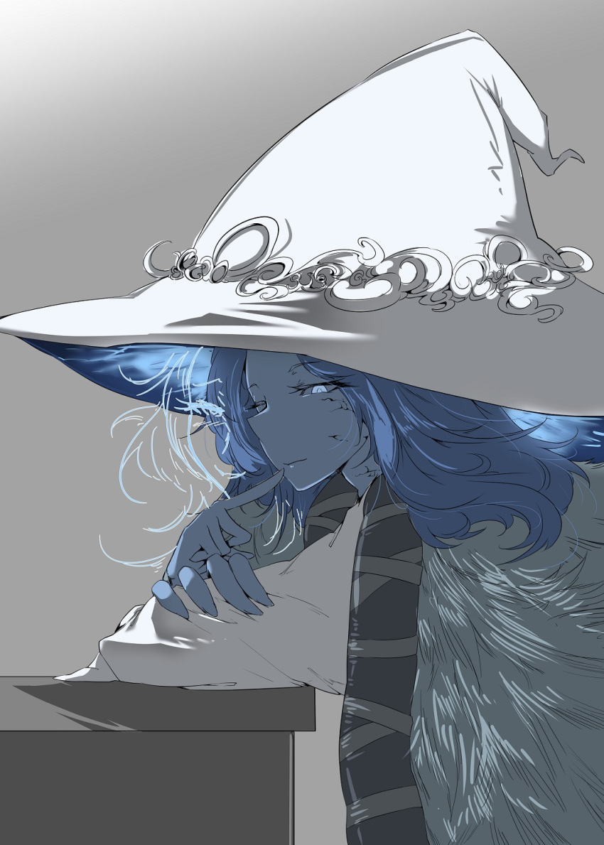 1girl blue_eyes blue_hair blue_skin closed_mouth colored_skin elden_ring fur_cloak gradient gradient_background grey_background hat highres long_sleeves one_eye_closed qianbi_he ranni_the_witch short_hair upper_body white_headwear witch witch_hat
